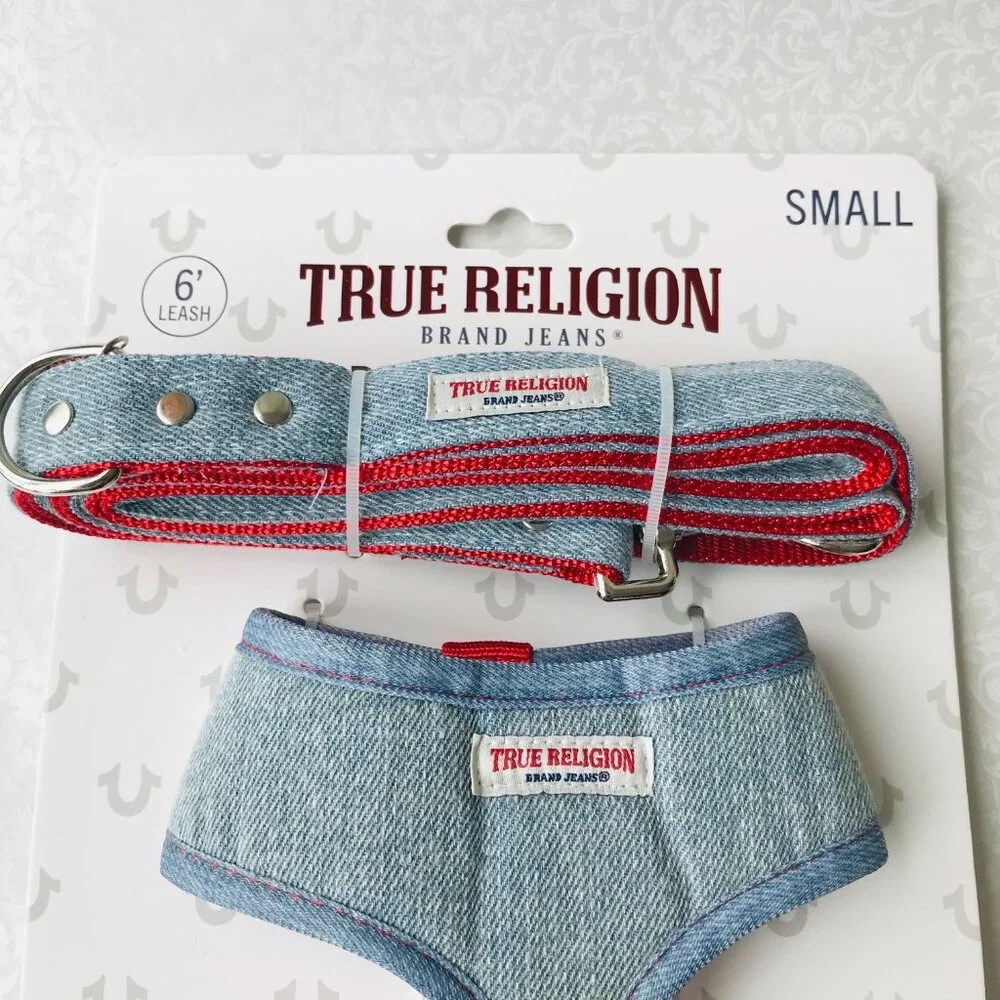 True Religion Pet Harness & Leash Set Light Blue /Red Lined Size : S